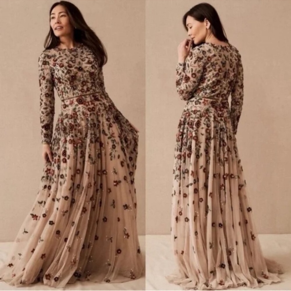 Mac Duggal Nude & Red Floral Embellished Beaded Tulle Long Sleeves Gown -Reemoly